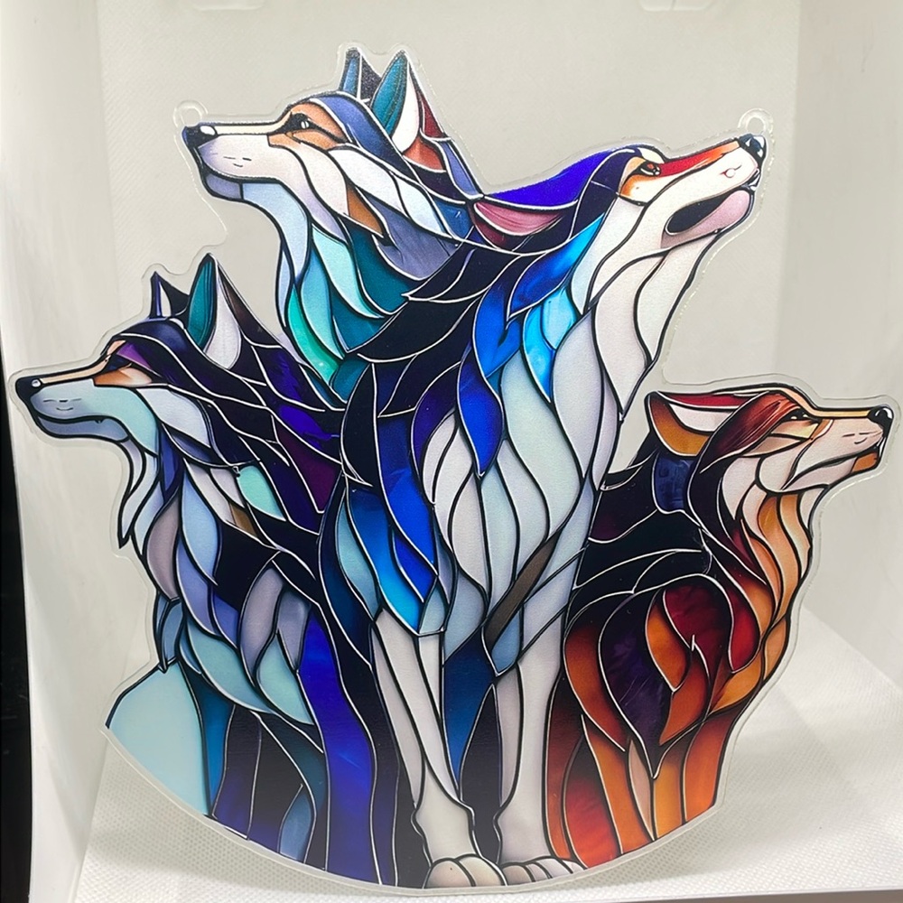 Suncatcher Wildlife Acrylic Wolf Pack Animal Decorative Faux Stained Glass New